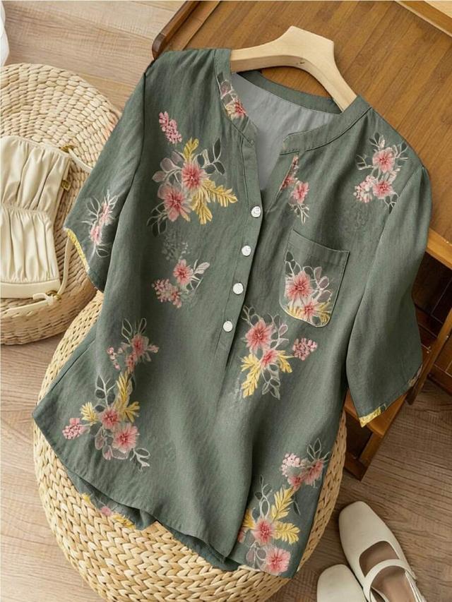 olive green floral embroidered v-neck short sleeve blouse