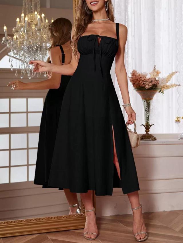 elegant black sleeveless cami dress with ruched bust