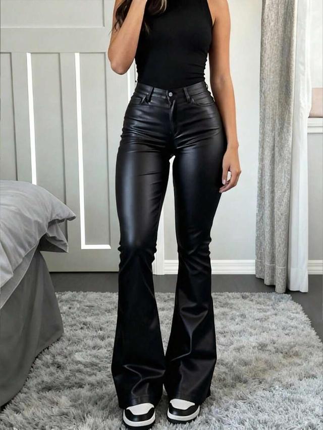 women's black coated faux leather flare pants