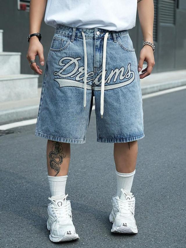 men's casual street style embroidered blue denim shorts
