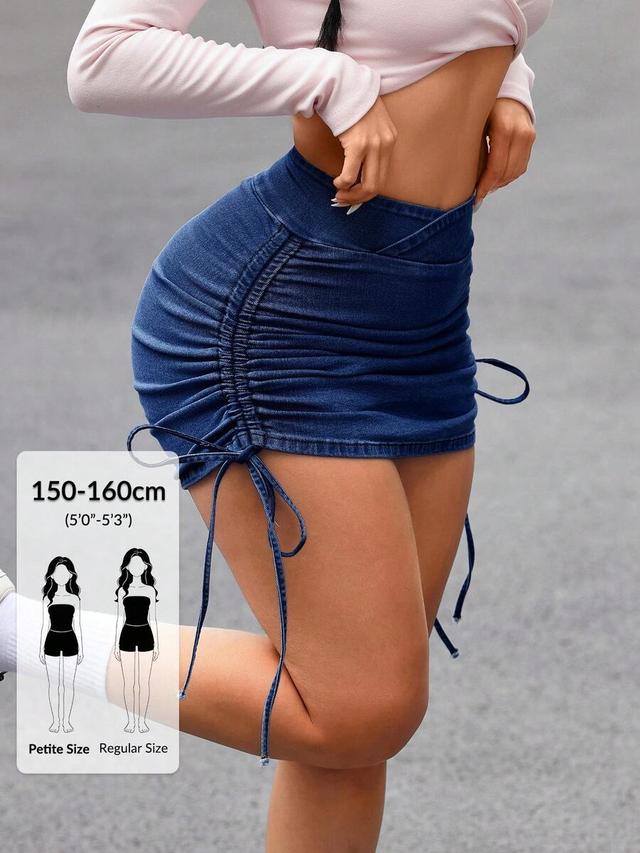 dark wash denim mini skirt with side ruching