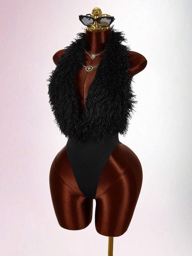 black feather trim halter neck bodysuit