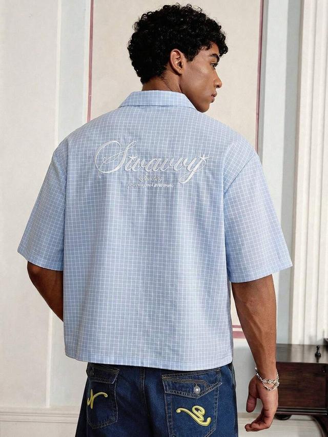 swavvy men's light blue plaid short sleeve shirt