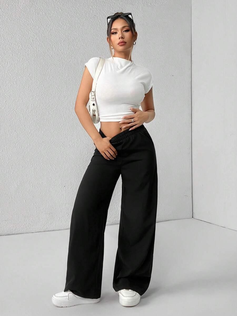black high waist elasticated wide leg trousers