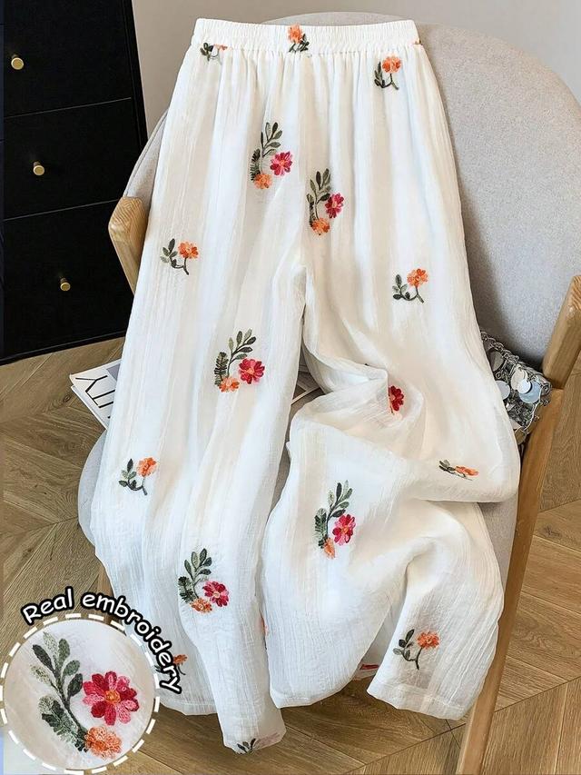 white floral embroidered wide leg casual trousers