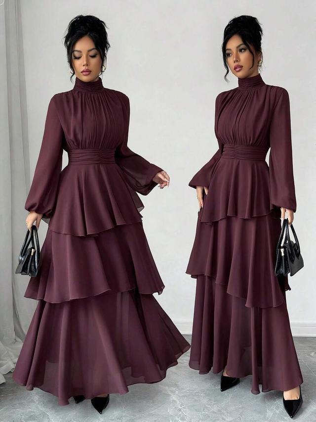 burgundy sheer chiffon layered ruffled maxi dress