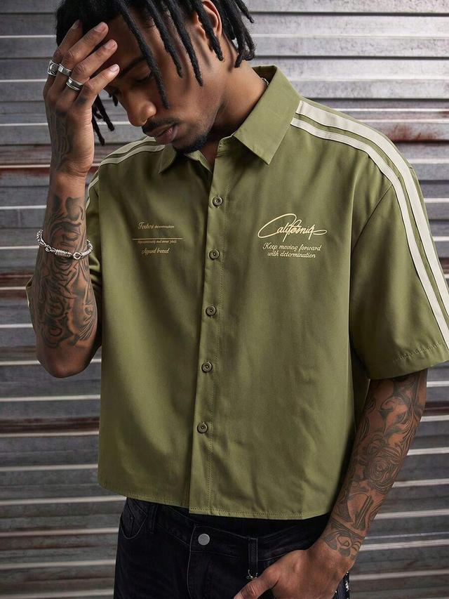 olive green letter print colorblock short sleeve shirt