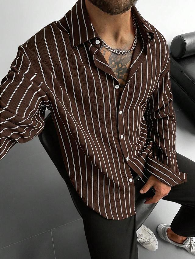 brown striped breathable knit button-down shirt