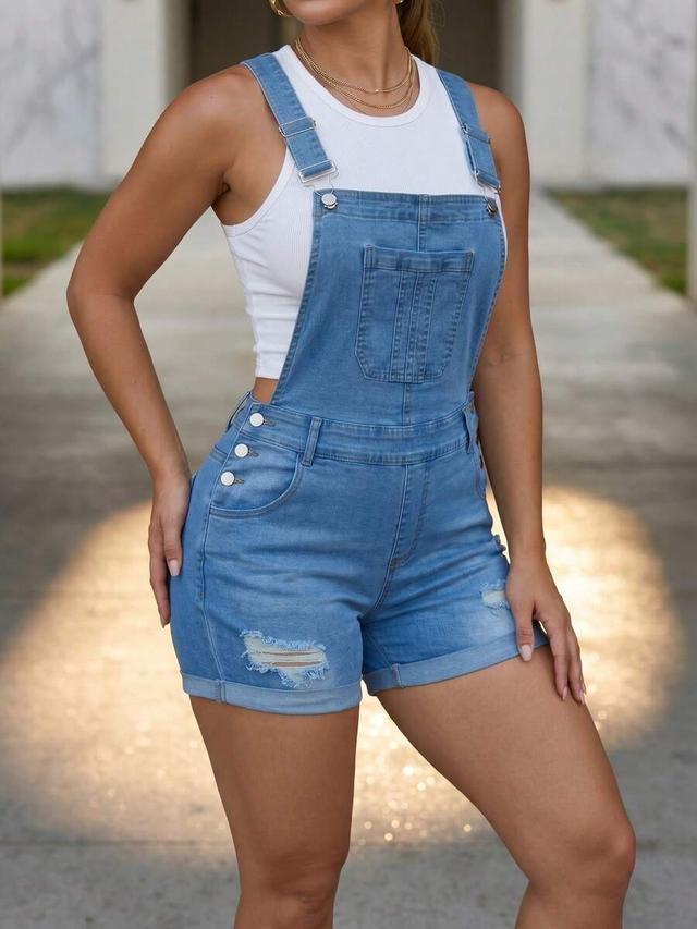 women's distressed denim short overalls with cuffed hem