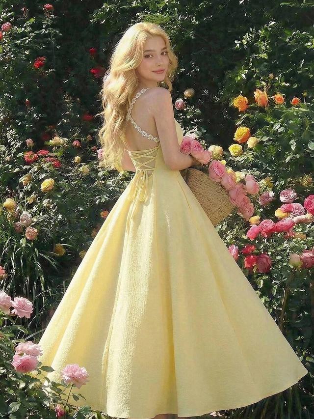 yellow textured summer vacation waist cinched dress