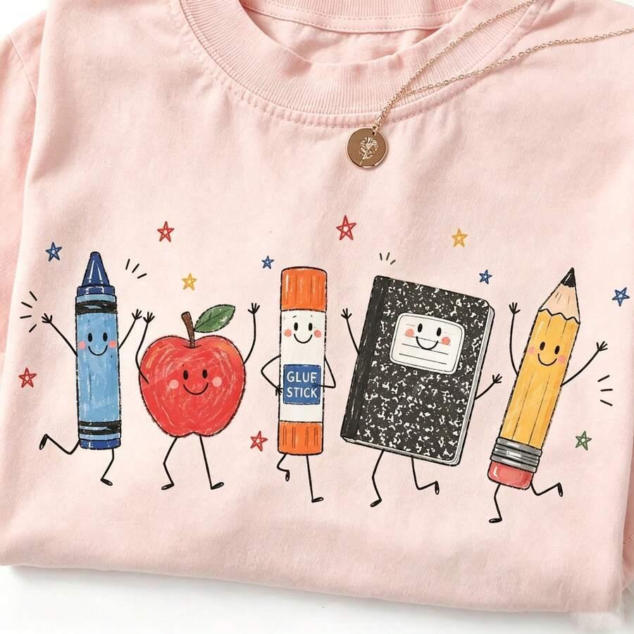 pink school supplies graphic cotton t-shirt