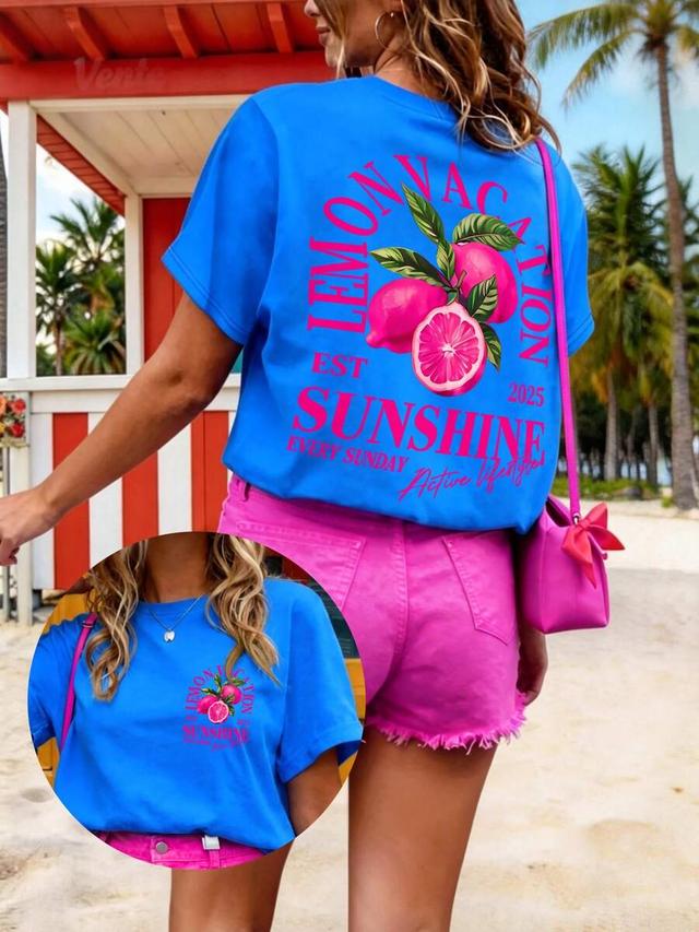 bright blue graphic tropical print short sleeve t-shirt