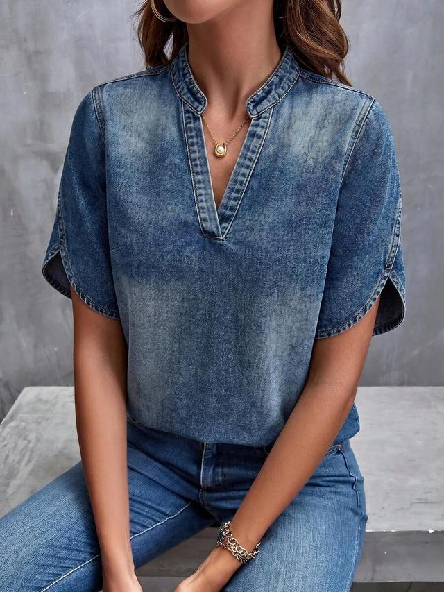 blue acid wash denim v-neck short sleeve blouse
