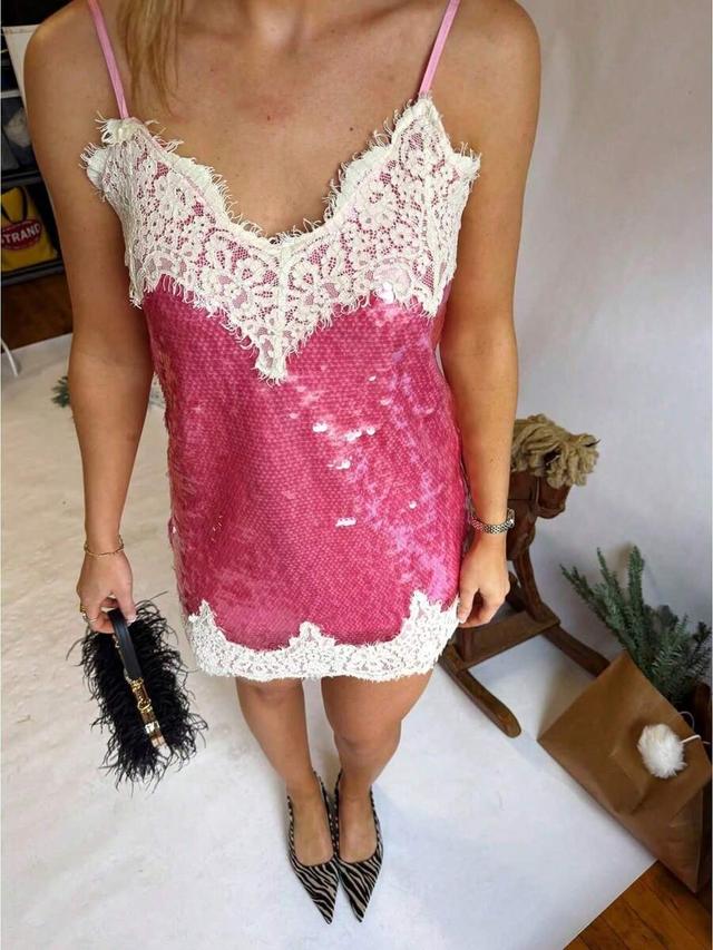 pink sequin lace trim v-neck mini slip dress