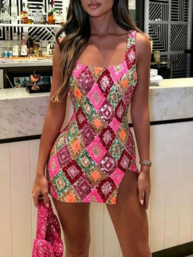 multicolor sequin diamond pattern bodycon mini dress
