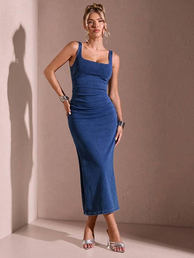 fitted denim midi dress with square neckline
