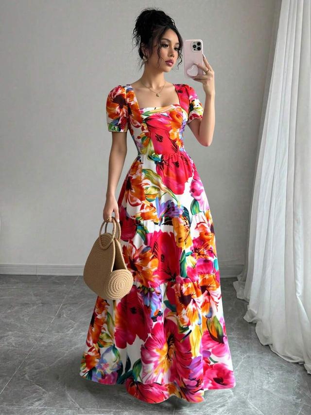 rafferiza women's elegant floral print tiered maxi dress