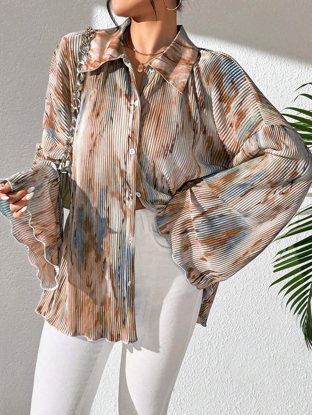 floral print pleated flare sleeve button down blouse