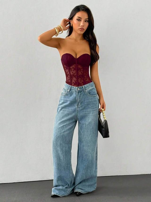burgundy strapless floral lace corset bodysuit
