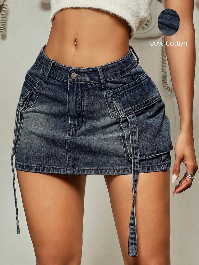 dark wash denim cargo mini skirt with ties