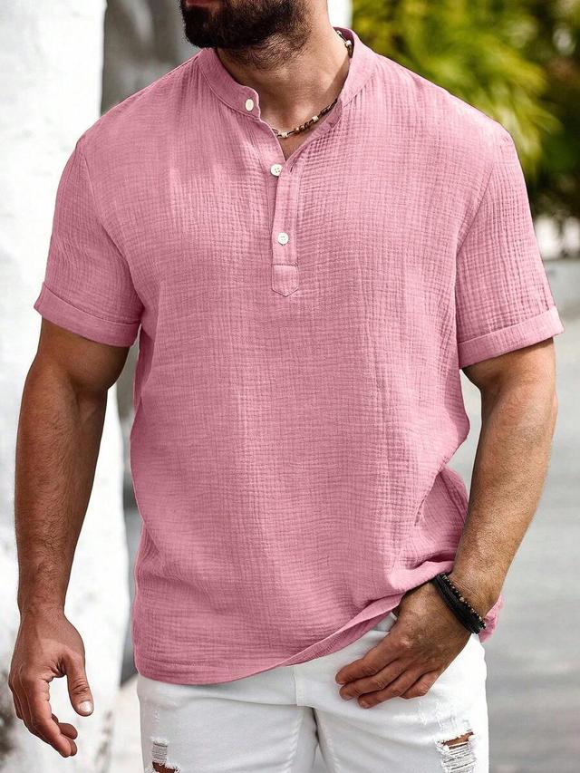 casual cotton-linen henley collar shirt in pink