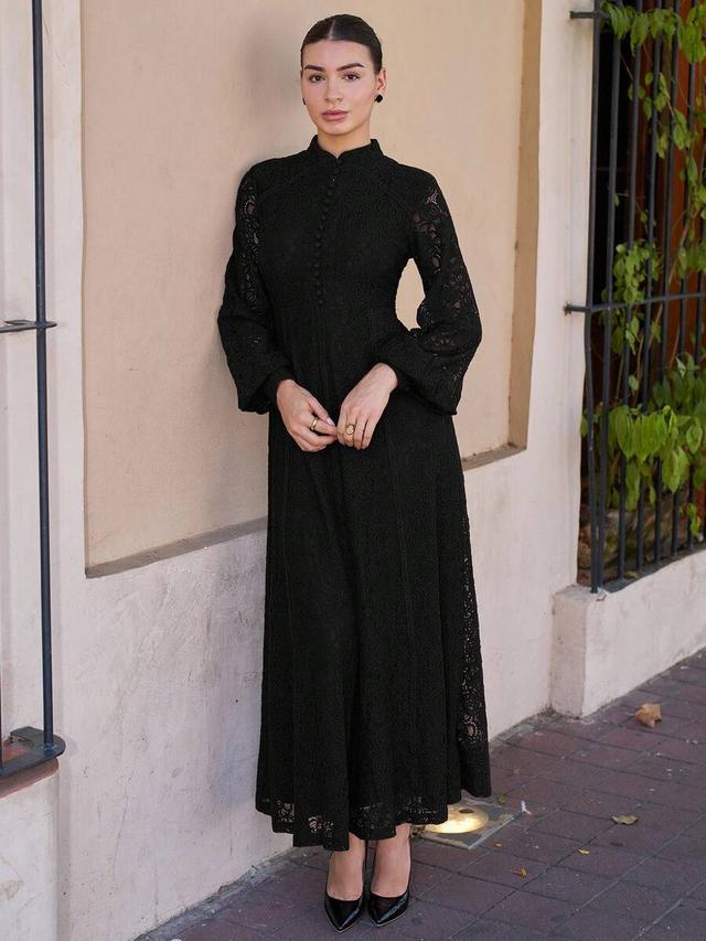 black lace long sleeve button front maxi dress