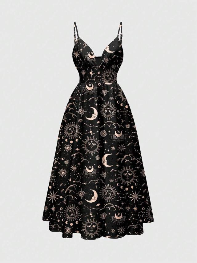 sun moon star print bohemian spaghetti strap dress