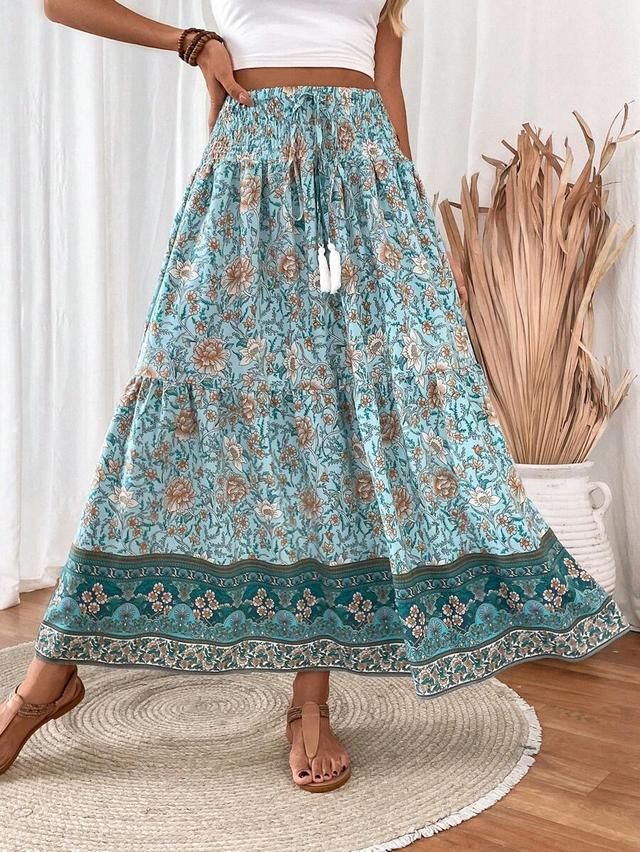 floral drawstring waist tassel decor a-line skirt