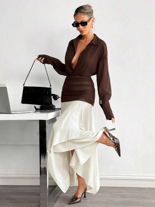 brown and white color block patchwork long dress