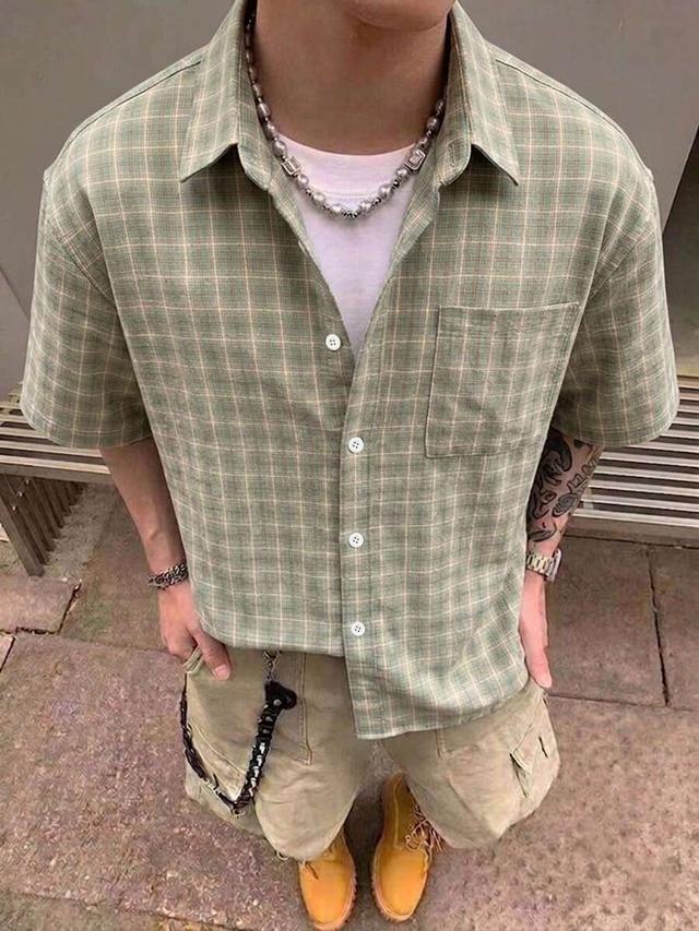green plaid checkered short sleeve button down shirt