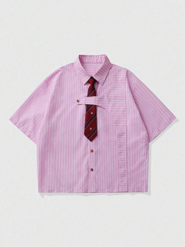 pink striped short sleeve shirt with attached tie