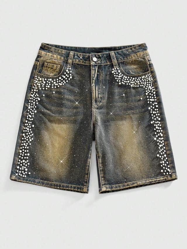 vintage washed denim shorts with rhinestone rivet decor