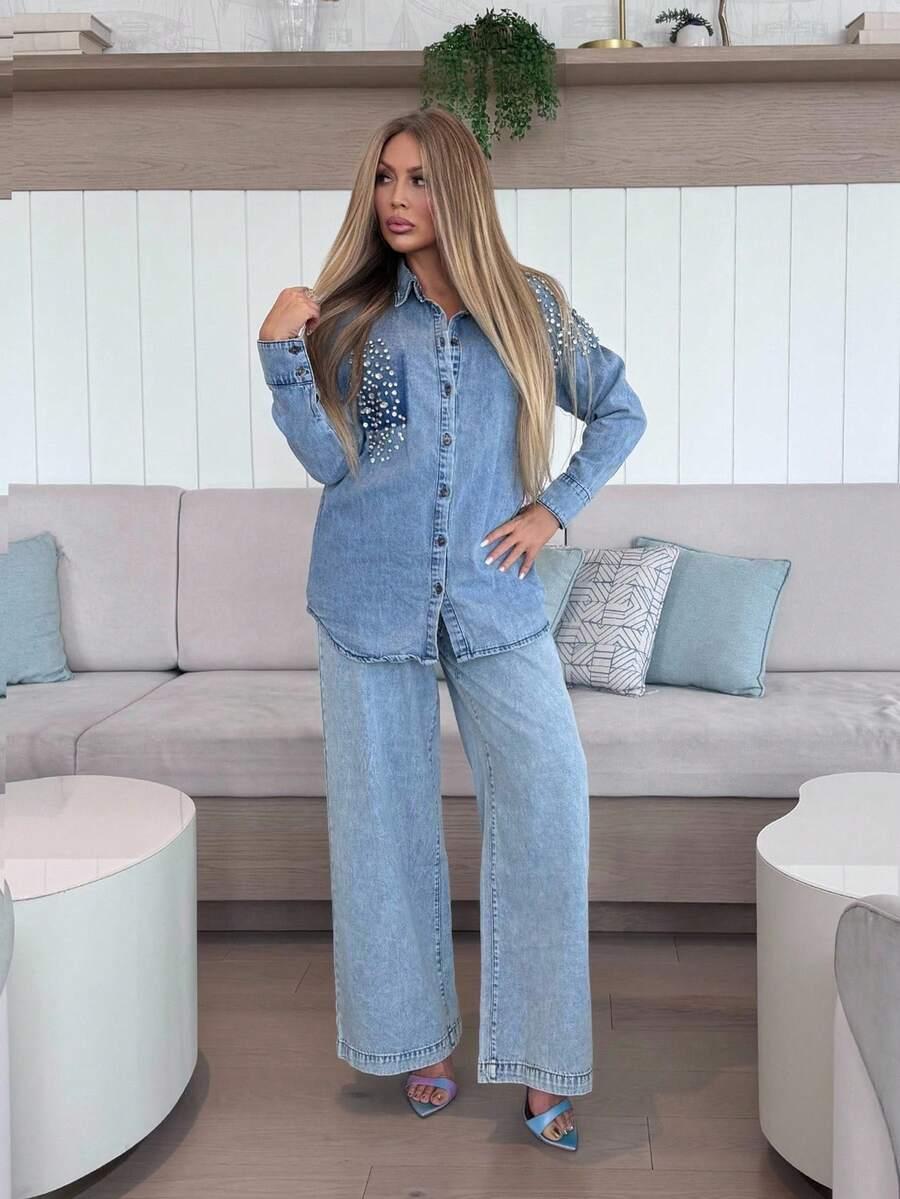 vintage light wash denim shirt with pearl stud embellishment