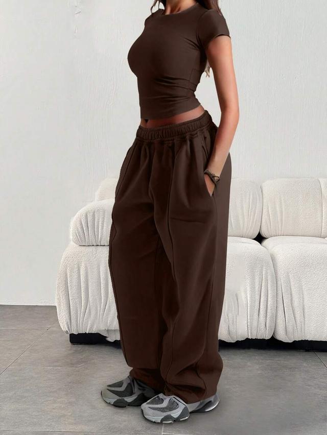 women's casual loose plain brown elastic waist sweatpants