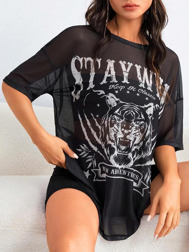 black mesh tiger graphic drop shoulder top
