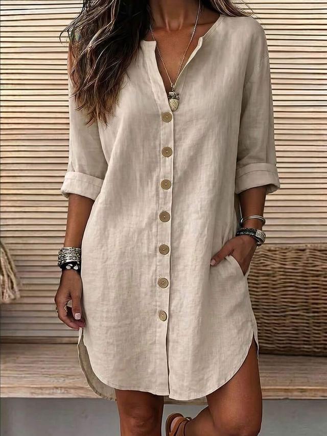 beige linen button-down shirt dress