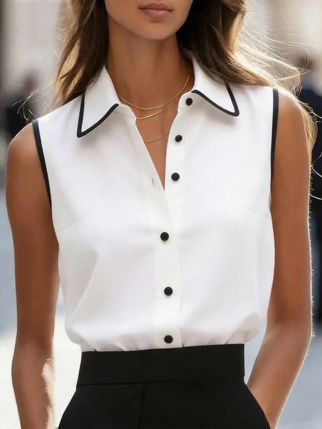 sleeveless minimalist white blouse with black contrast piping