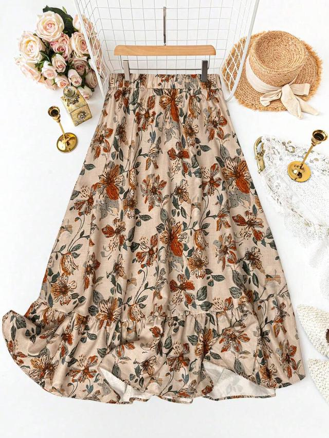 beige floral print ruffle hem midi skirt