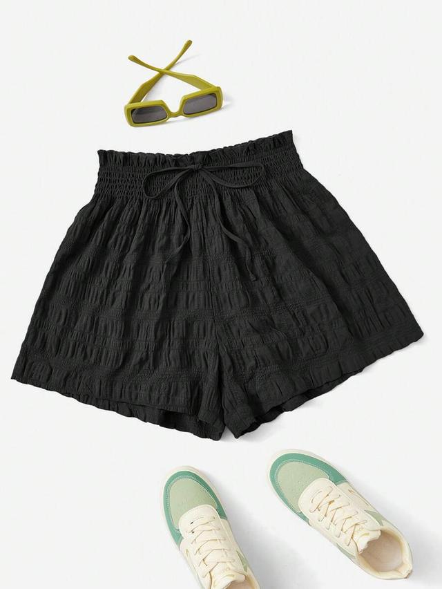 solid black textured tie front shorts