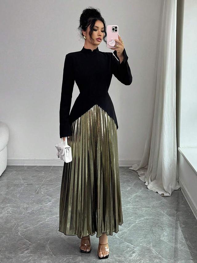 rafferiza stand-collar slim black and gold pleated gown