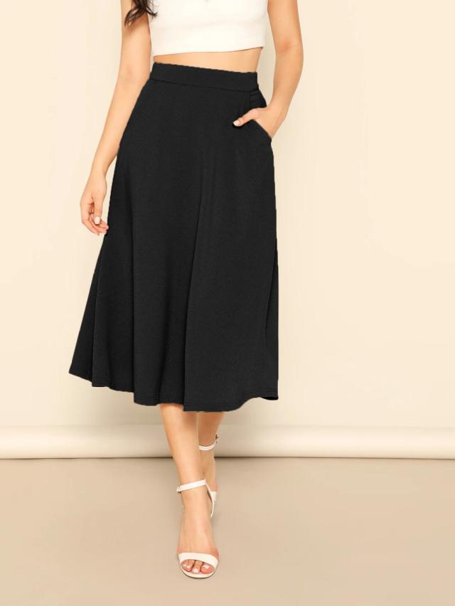 solid black slant pocket swing midi skirt