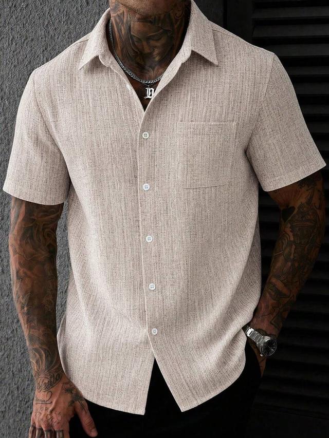 beige textured striped short sleeve casual shirt