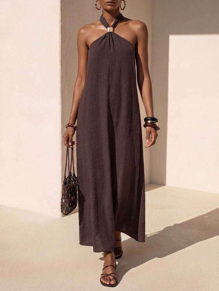 brown linen halter maxi dress with metal neck detail