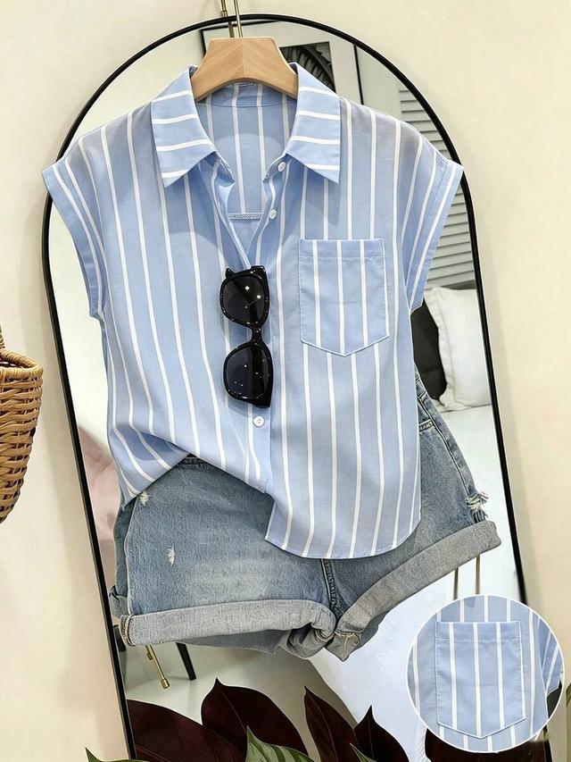 blue and white striped short sleeve cotton blouse