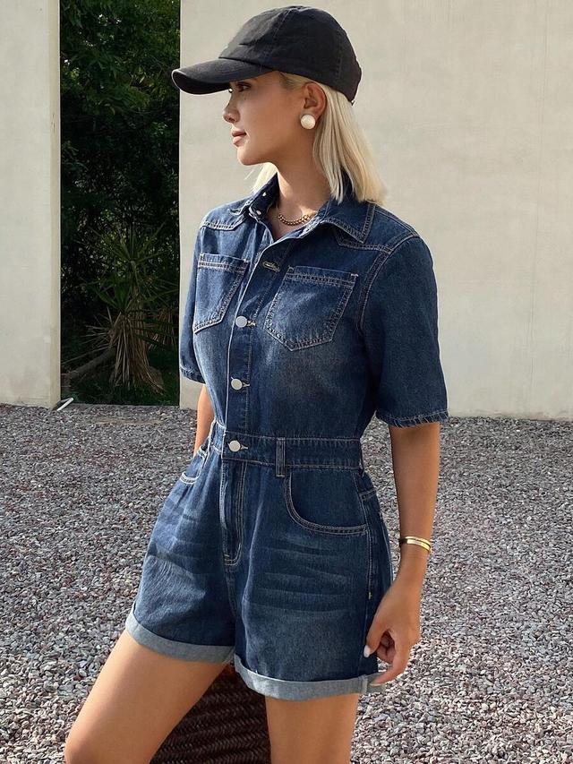 dark wash denim short sleeve playsuit