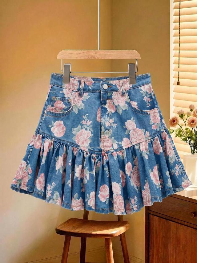 floral print ruffle hem denim mini skirt