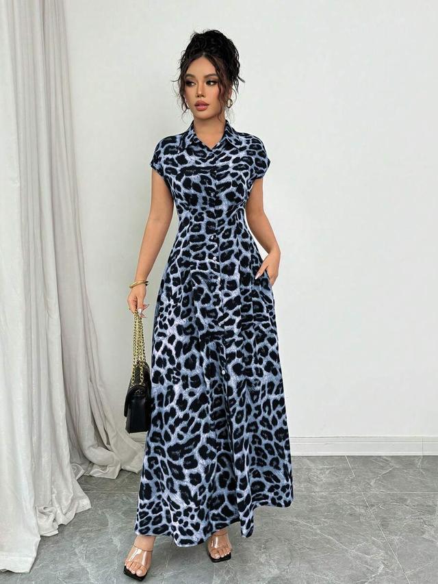 leopard print collared short sleeve button down dress