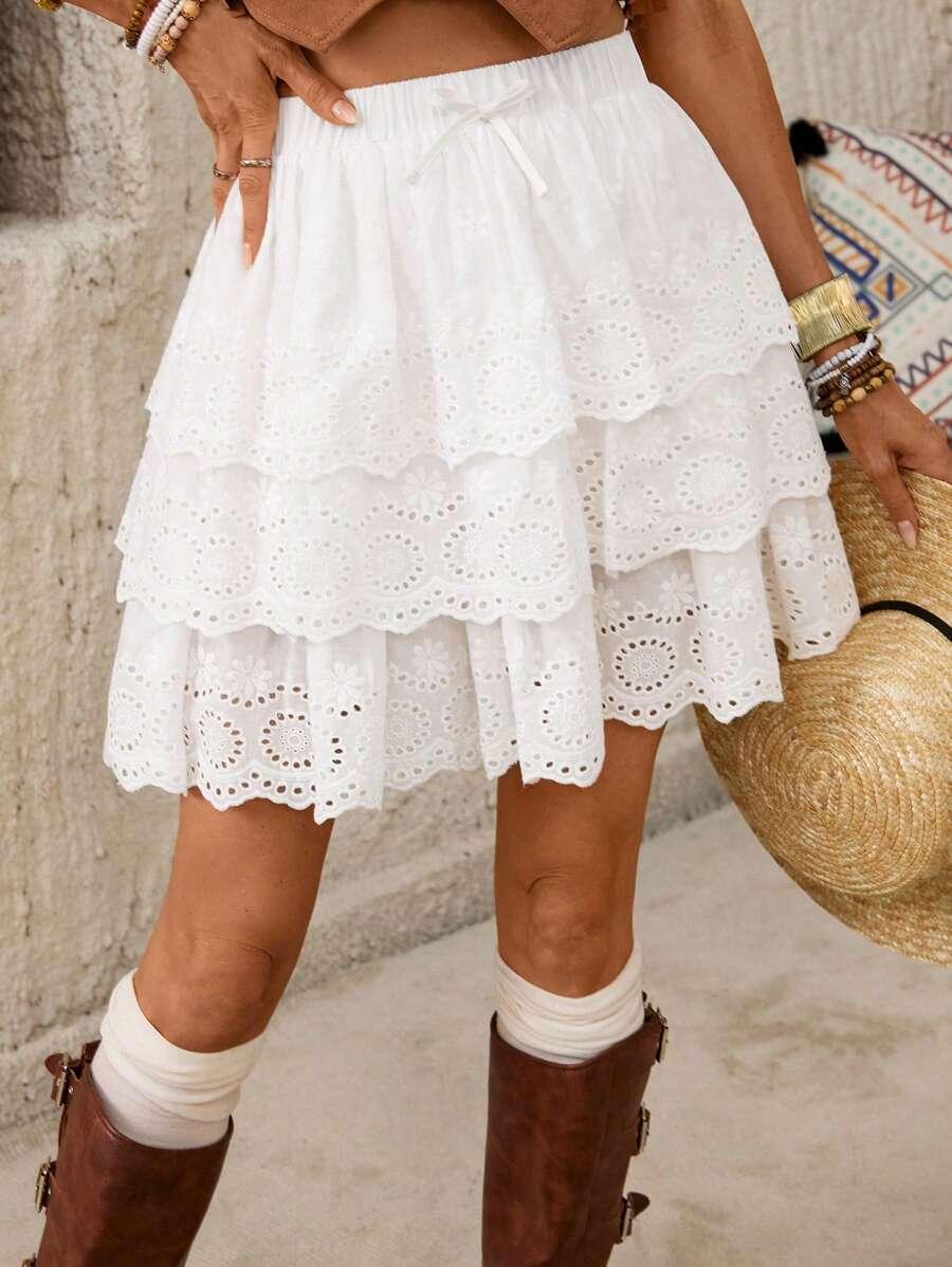 white boho tiered eyelet mini skirt