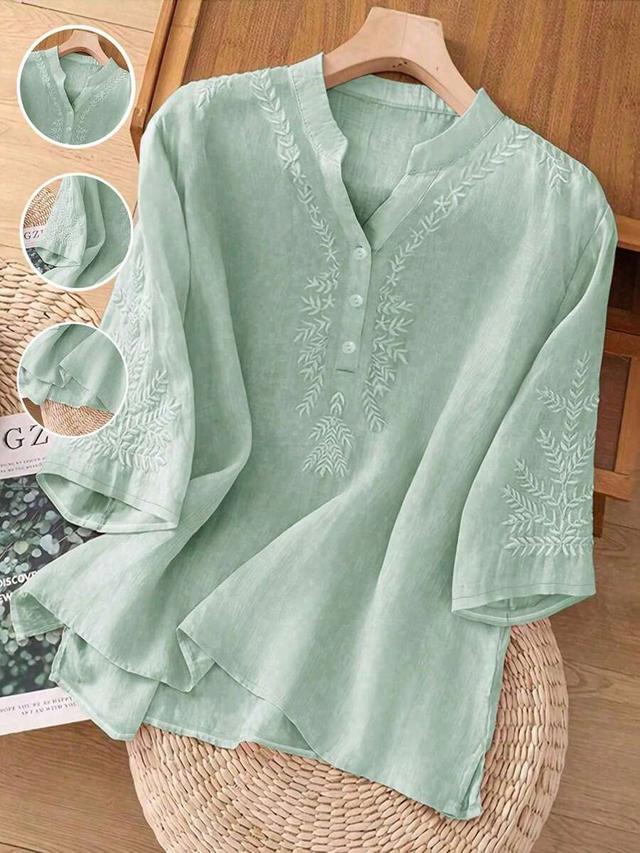 mint green embroidered cotton linen relaxed fit blouse