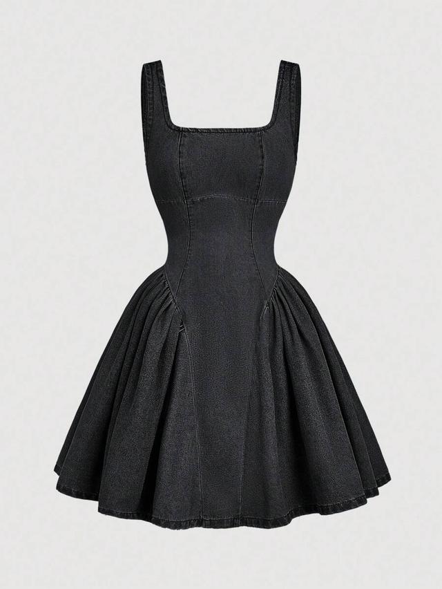 black denim fit and flare mini dress